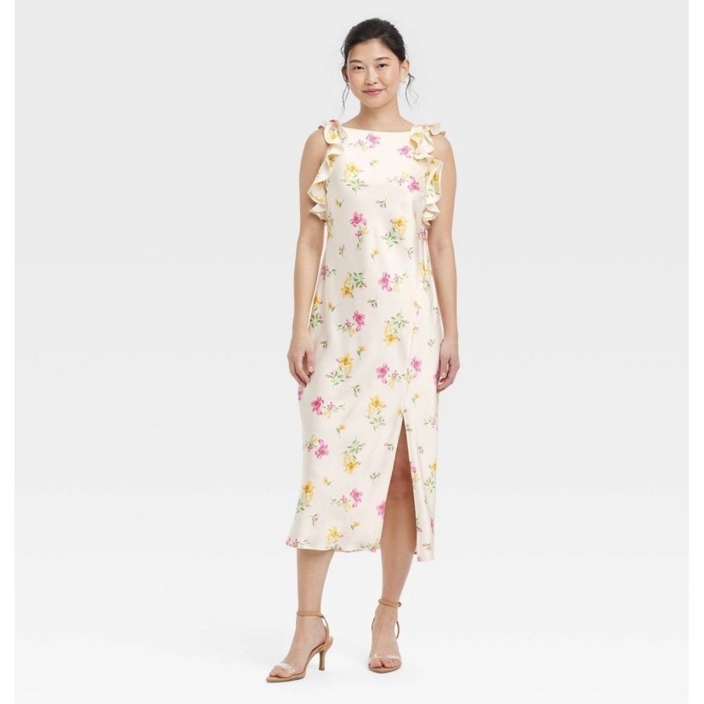 A New Day Cream Floral‎ Ruffle Shoulder Midi Dress Sleeveless Side Slit Womens M